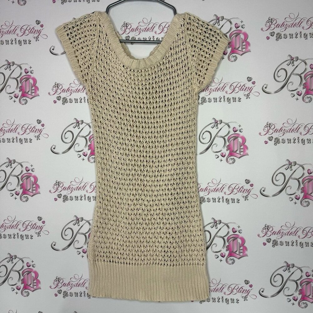 Dress crochet knit cream beige knitted tshirt beach coverup boho cute luxe